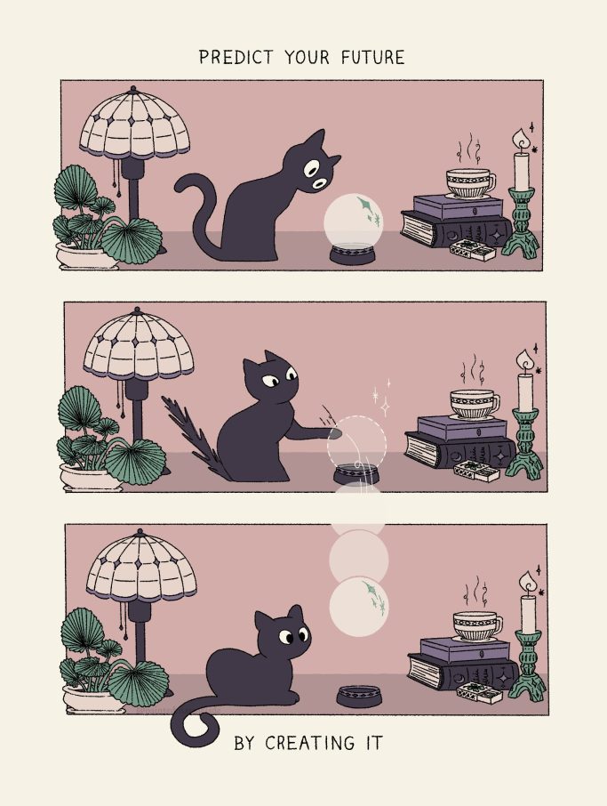 Comic mit einer Katze die eine Wahrsagekugel runter schmeißt