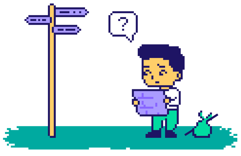Pixelillustration einer Figur mit Landkarte